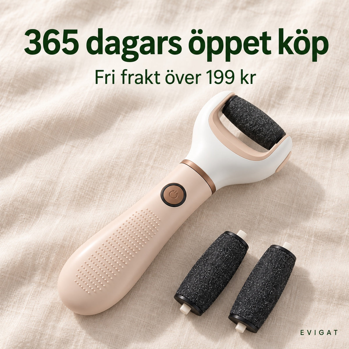 Elektrisk fotfil med två extra rullar och text om 365 dagars öppet köp och fri frakt över 199 kr