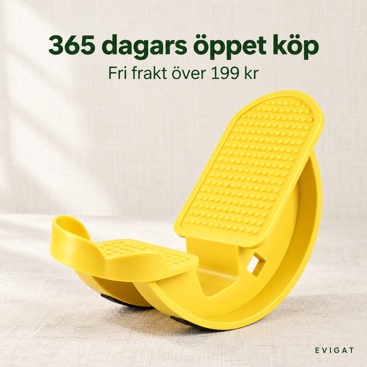 Gul fotgungare med texten 365 dagars öppet köp och fri frakt över 199 kr