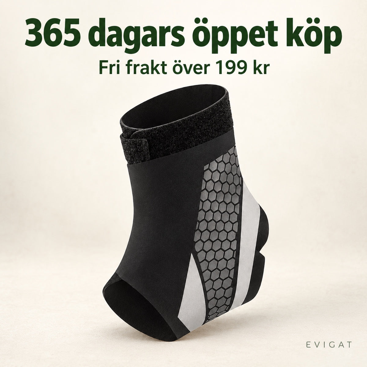 Fotledsstöd med text om 365 dagars öppet köp och fri frakt över 199 kr