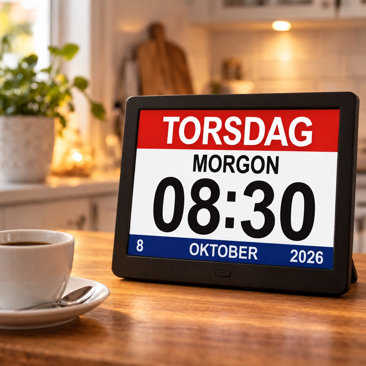 Digital kalenderklocka på köksbordet som visar torsdag, morgon, 08:30 och 8 oktober 2026