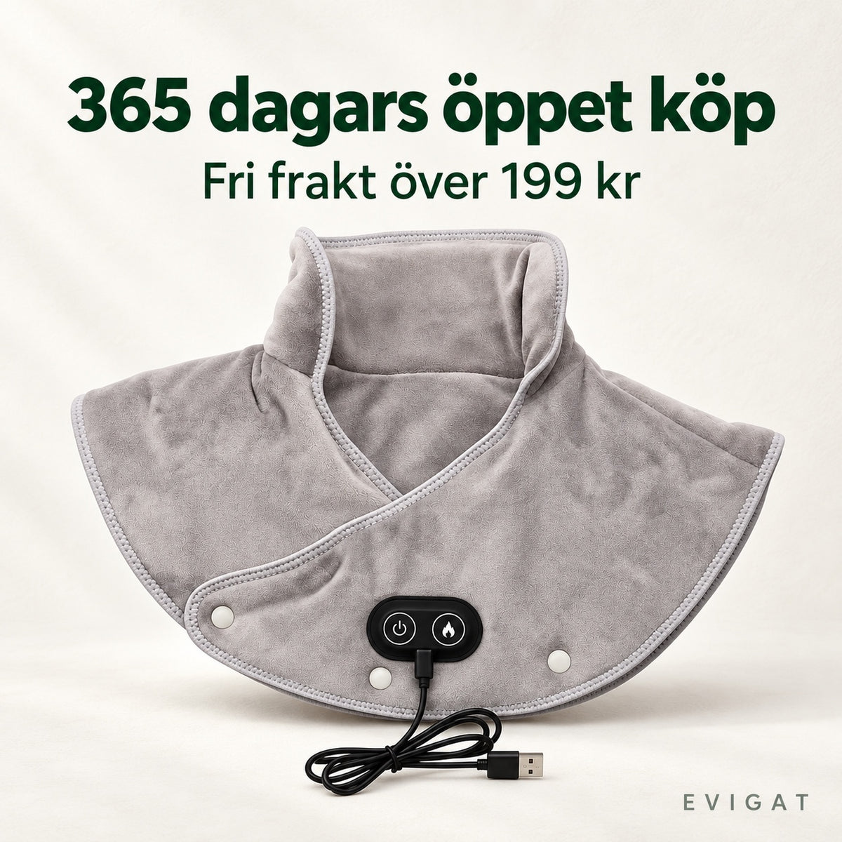 Nackvärmaren i grå plysch med texten 365 dagars öppet köp och Fri frakt över 199 kr