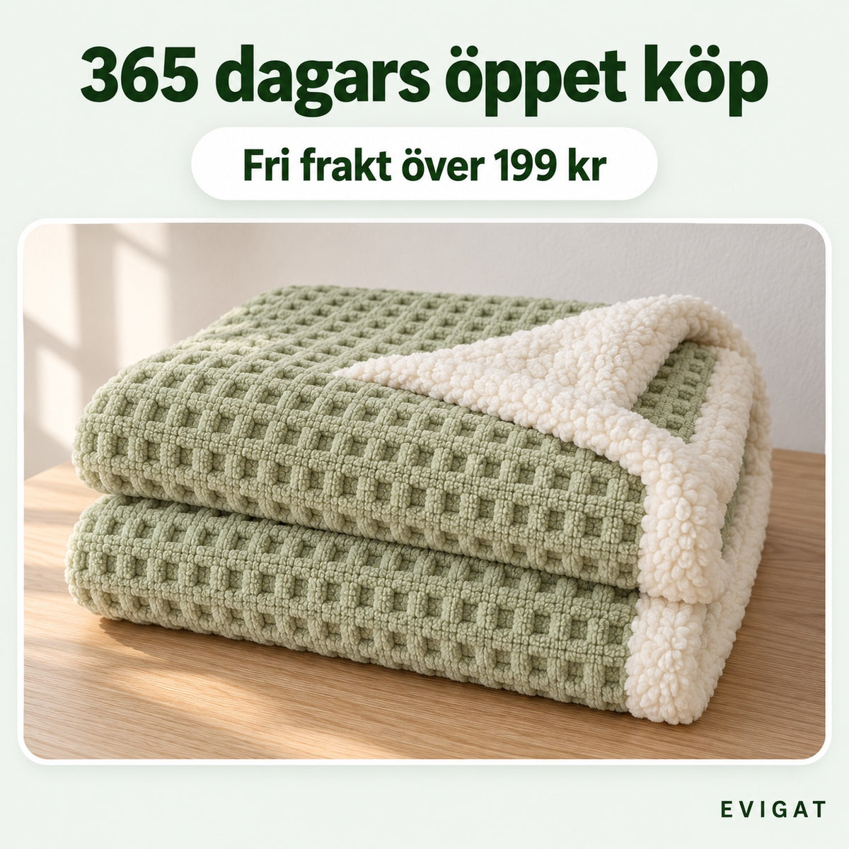 Hopvikt salviagrön sherpapläd med texten 365 dagars öppet köp och fri frakt över 199 kr