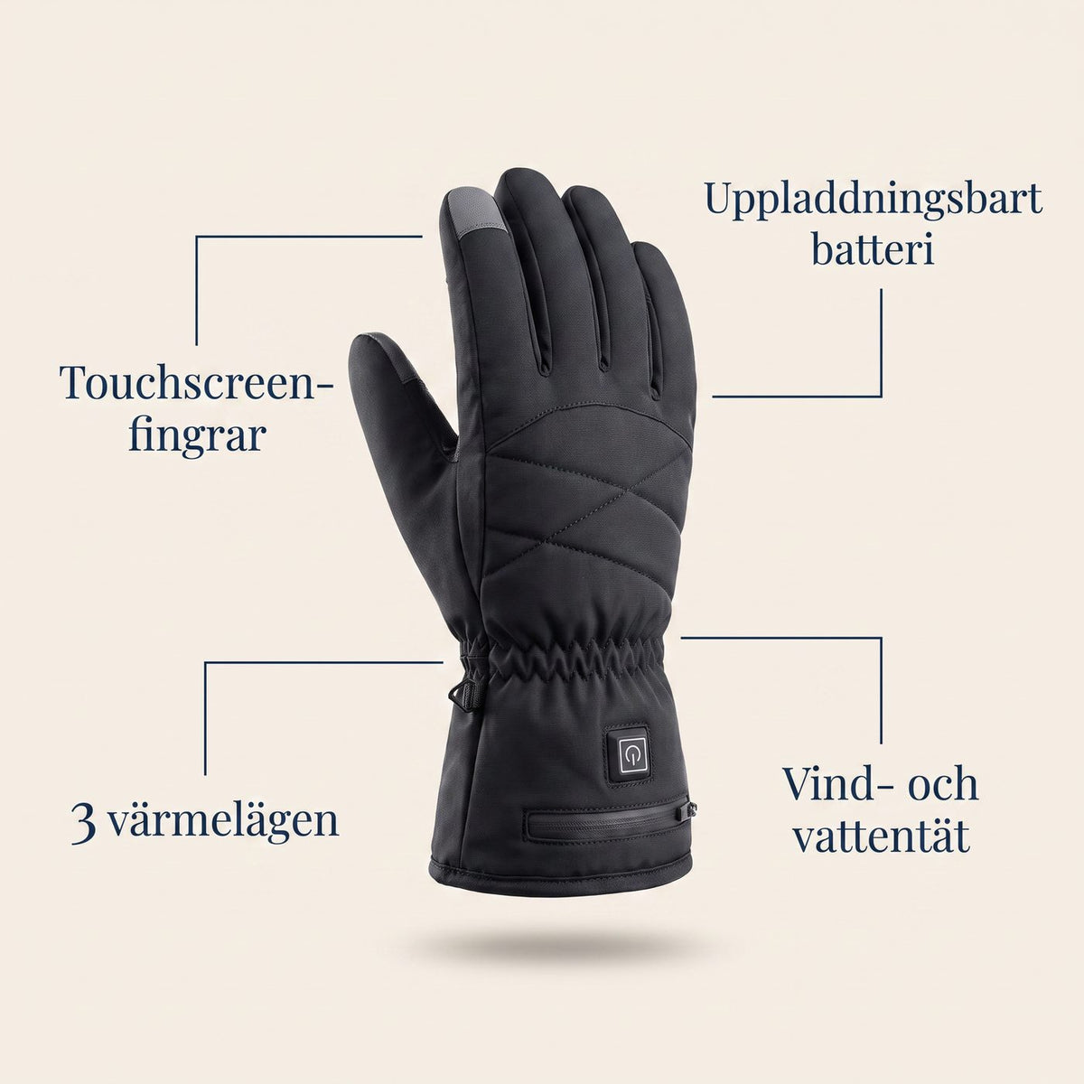 Värmehandskar funktioner: touchscreen-fingrar, 3 värmelägen, uppladdningsbart batteri, vind- och vattentät