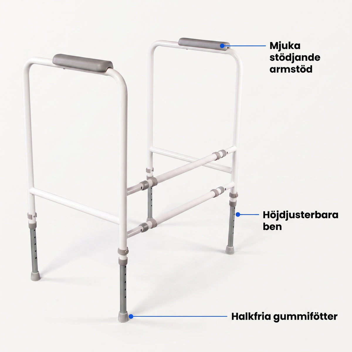 Fristående toalettstöd med stoppade armstöd, höjdjusterbara ben och gummifötter