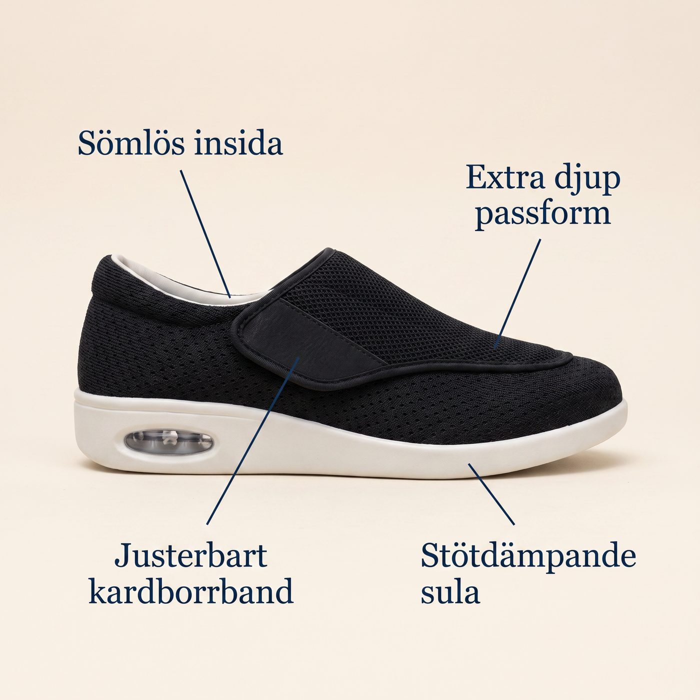 Diabetessko funktioner: sömlös insida, extra djup, kardborrband, stötdämpande sula