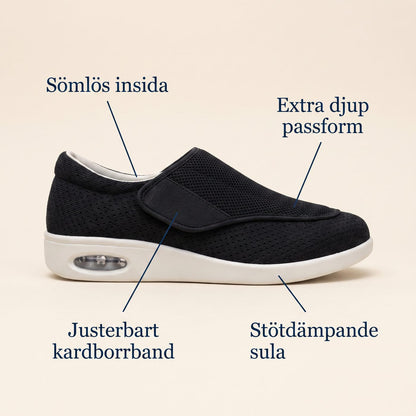 Diabetessko funktioner: sömlös insida, extra djup, kardborrband, stötdämpande sula