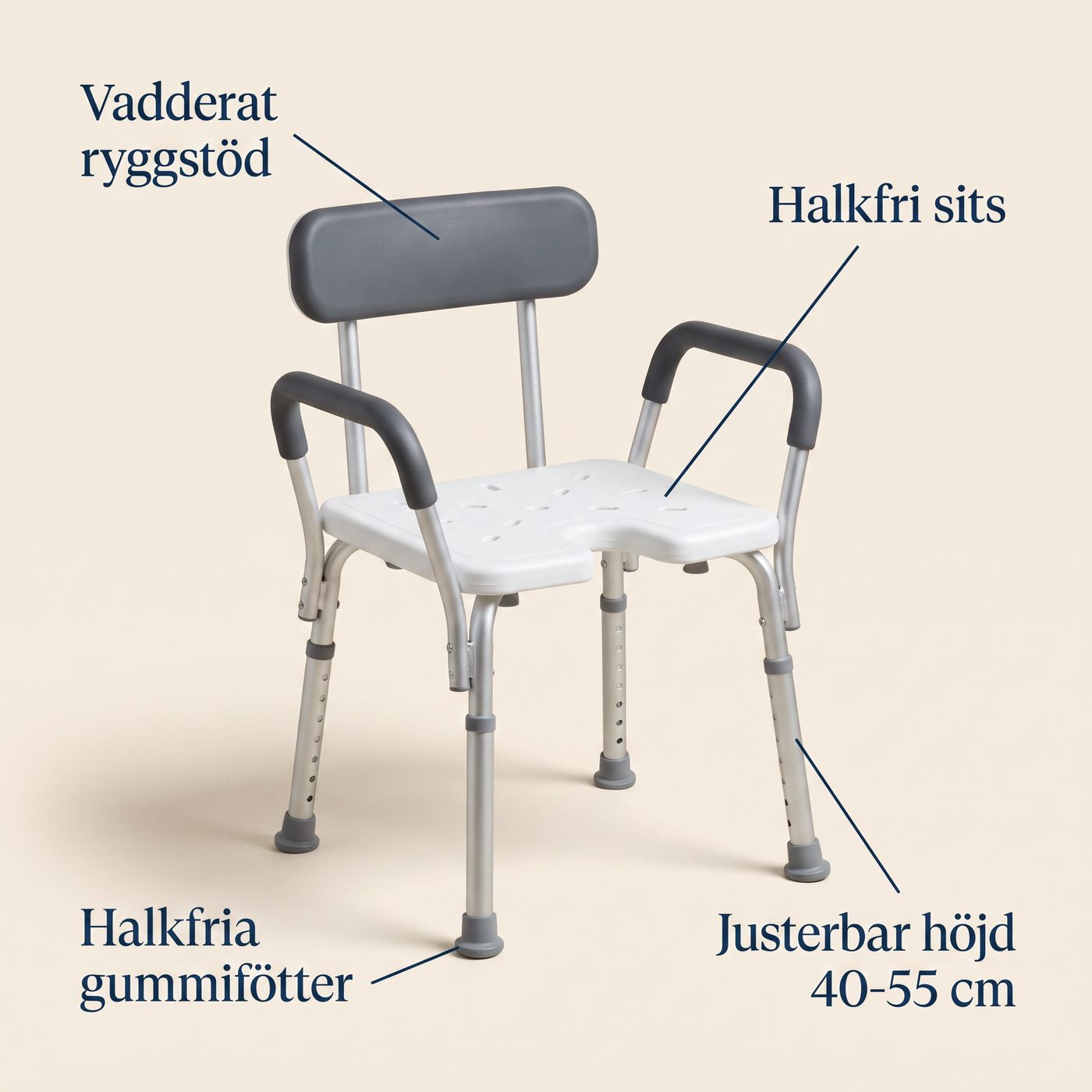 Duschstol funktioner: vadderat ryggstöd, halkfri sits, justerbar höjd, halkfria fötter