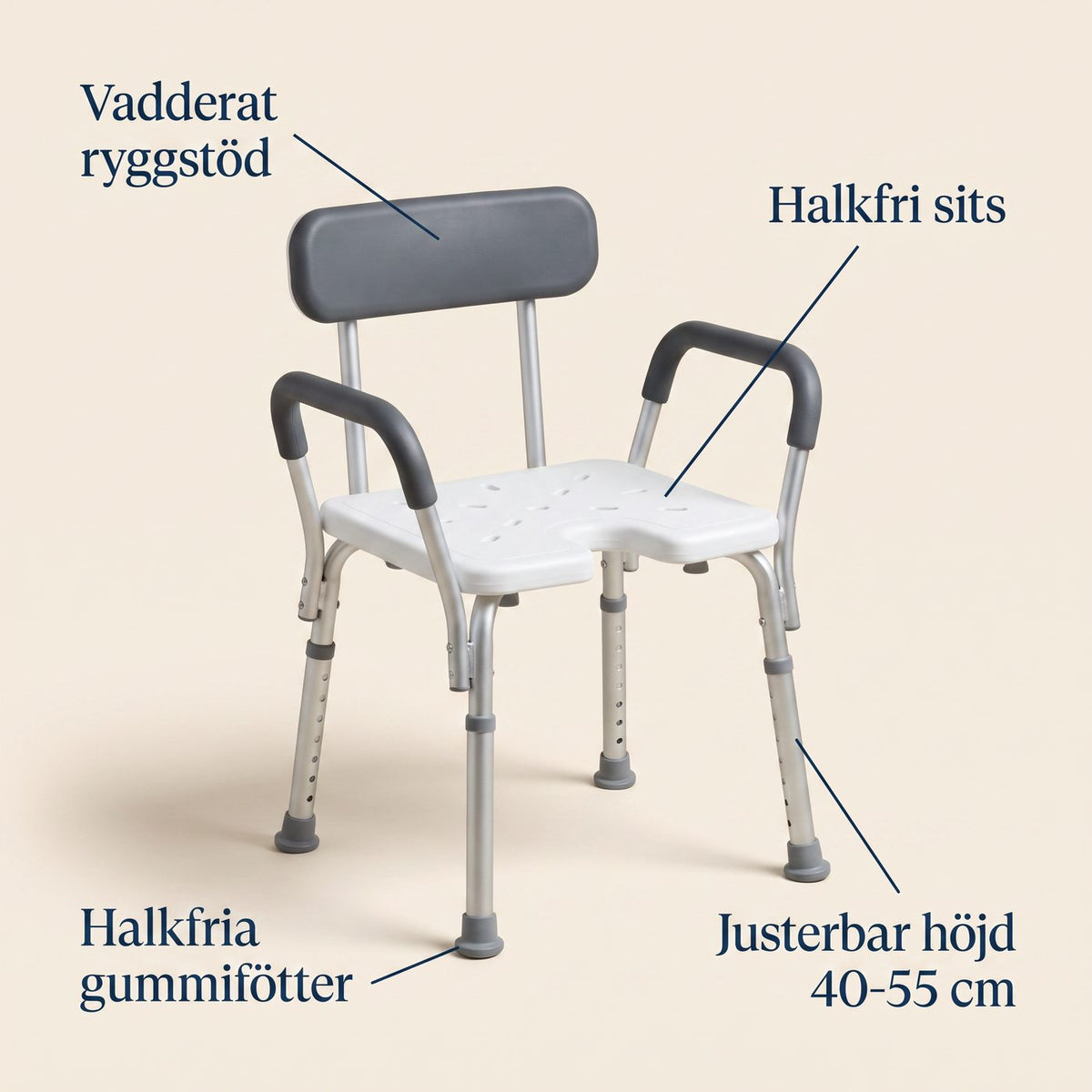 Duschstol funktioner: vadderat ryggstöd, halkfri sits, justerbar höjd, halkfria fötter