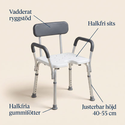 Duschstol funktioner: vadderat ryggstöd, halkfri sits, justerbar höjd, halkfria fötter