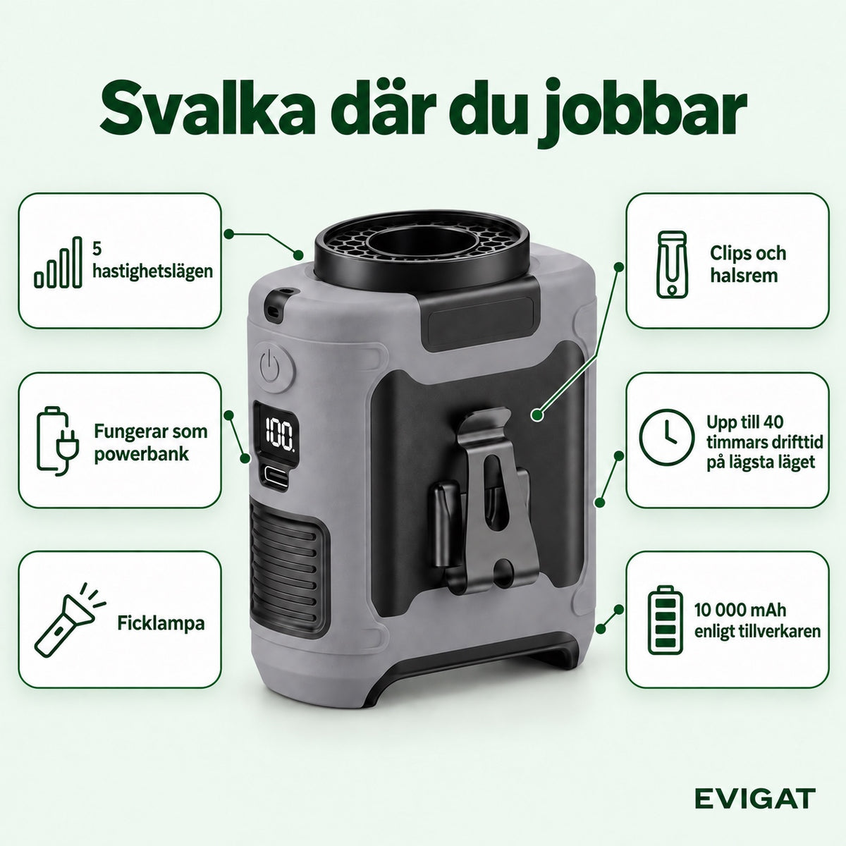 Bältesfläktens funktioner: fem hastighetslägen, powerbank, ficklampa, clips och halsrem