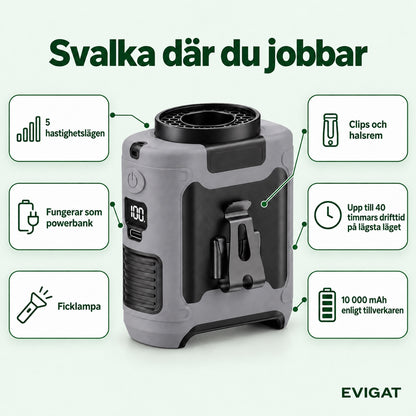 Bältesfläktens funktioner: fem hastighetslägen, powerbank, ficklampa, clips och halsrem