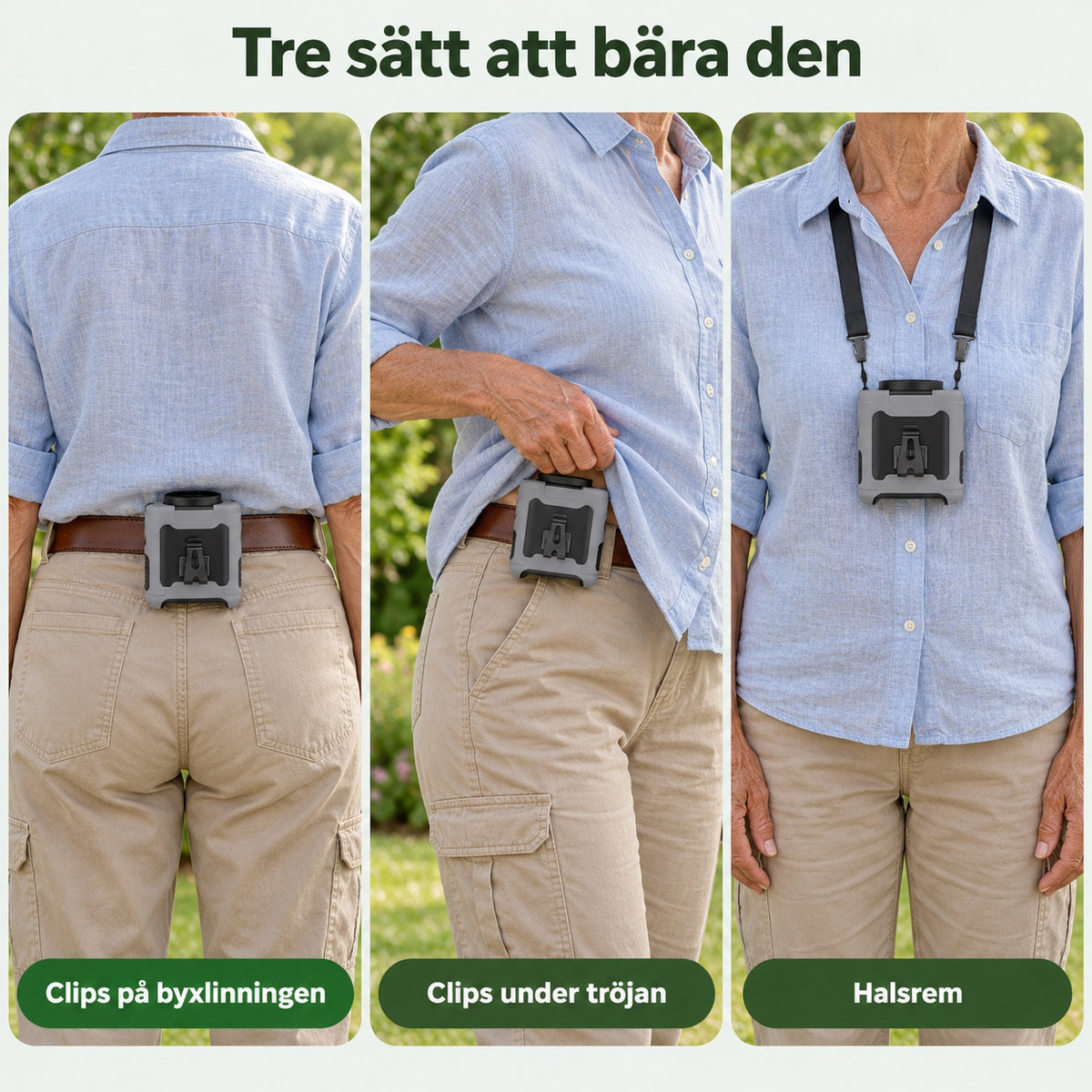 Tre sätt att bära fläkten: clips på byxlinningen, clips under tröjan och halsrem