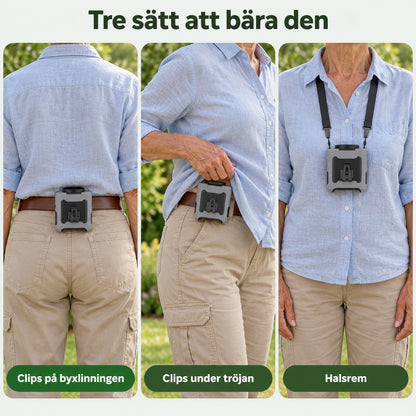 Tre sätt att bära fläkten: clips på byxlinningen, clips under tröjan och halsrem