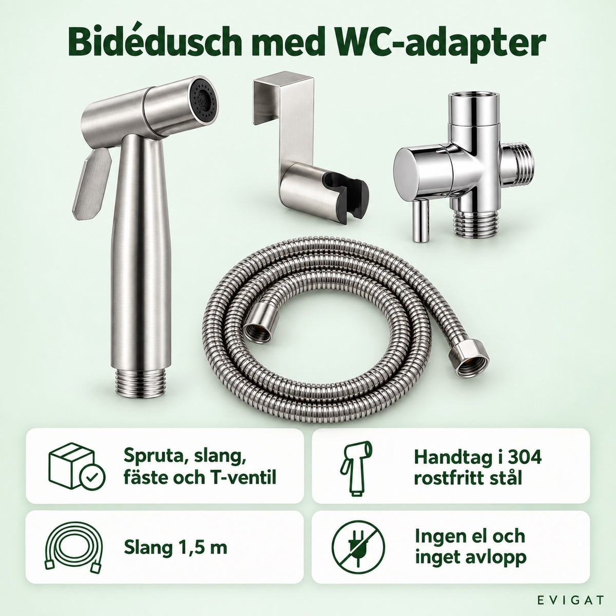 Bidédusch med WC-adapter: spruta, slang, fäste och T-ventil, slang 1,5 m, ingen el och inget avlopp