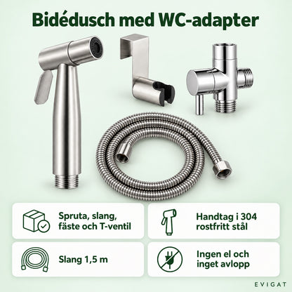 Bidédusch med WC-adapter: spruta, slang, fäste och T-ventil, slang 1,5 m, ingen el och inget avlopp