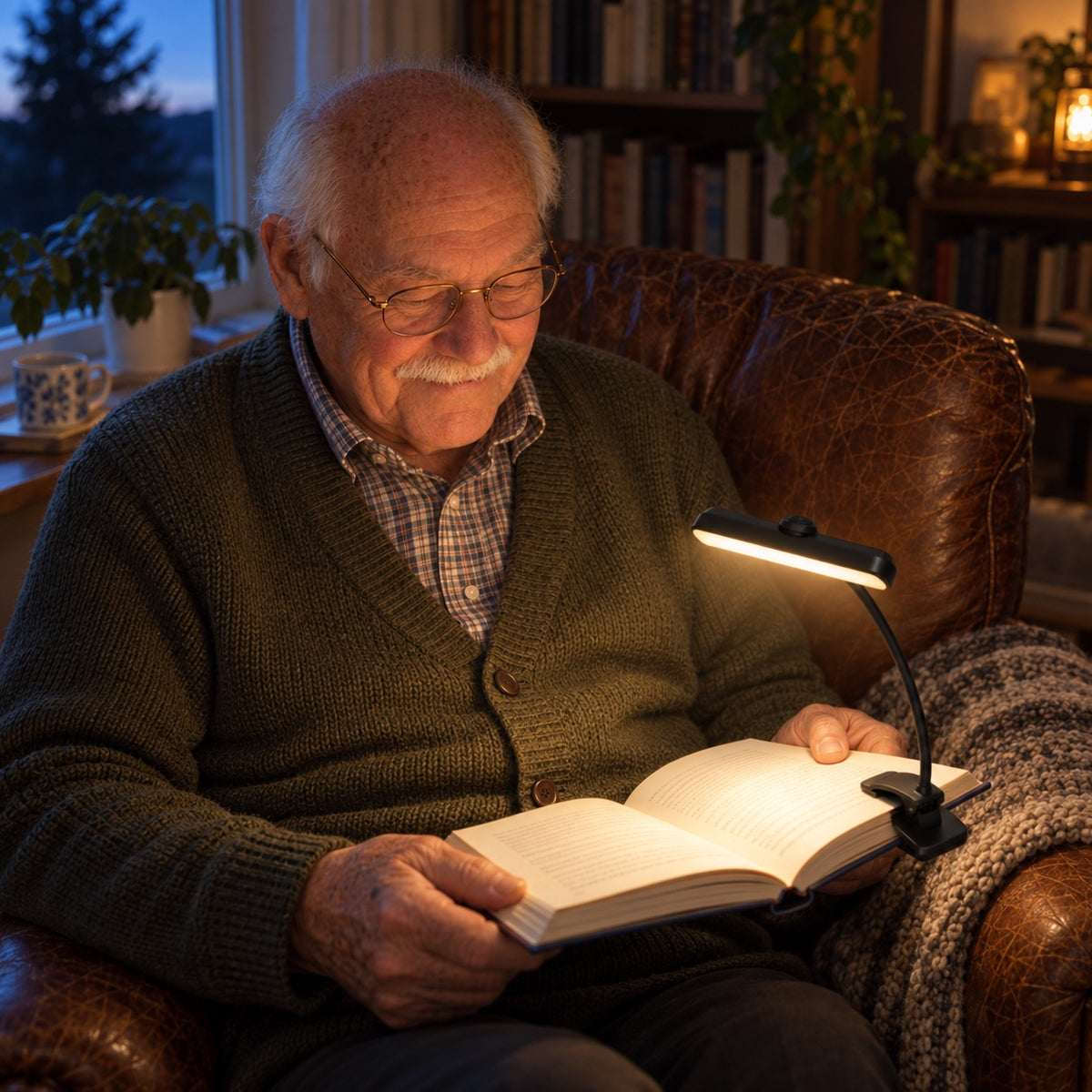 Man i 70-årsåldern läser i en läderfåtölj med uppladdningsbar boklampa fastklämd på boken