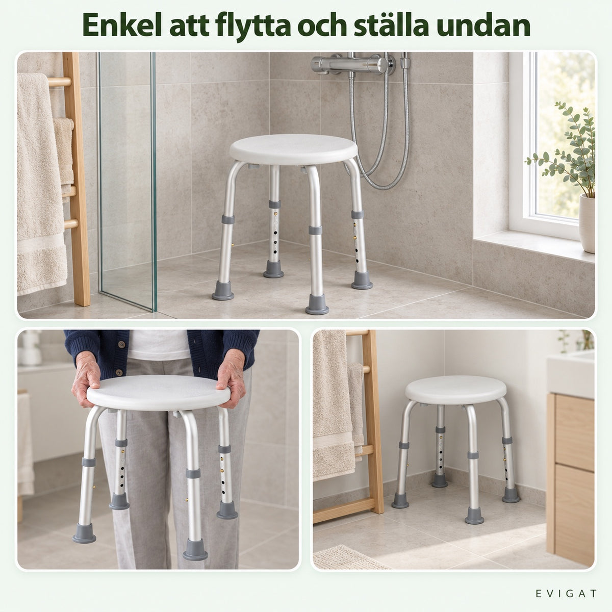Duschpallen i ett badrum, lyfts med händerna i sitsens kant och ställs undan i ett hörn