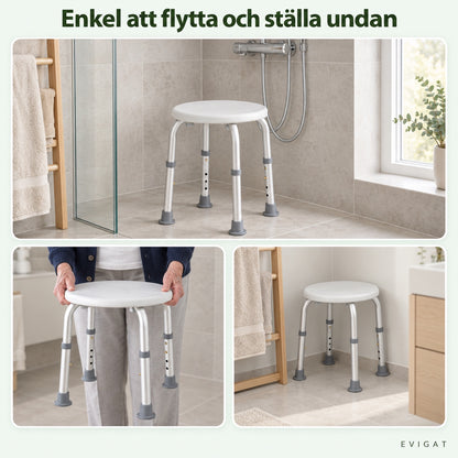 Duschpallen i ett badrum, lyfts med händerna i sitsens kant och ställs undan i ett hörn