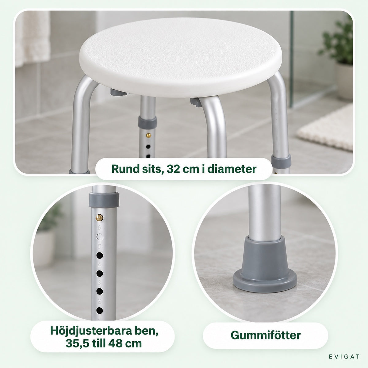 Närbild på duschpallens sits, ben med höjdhål och gummifötter