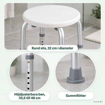 Närbild på duschpallens sits, ben med höjdhål och gummifötter
