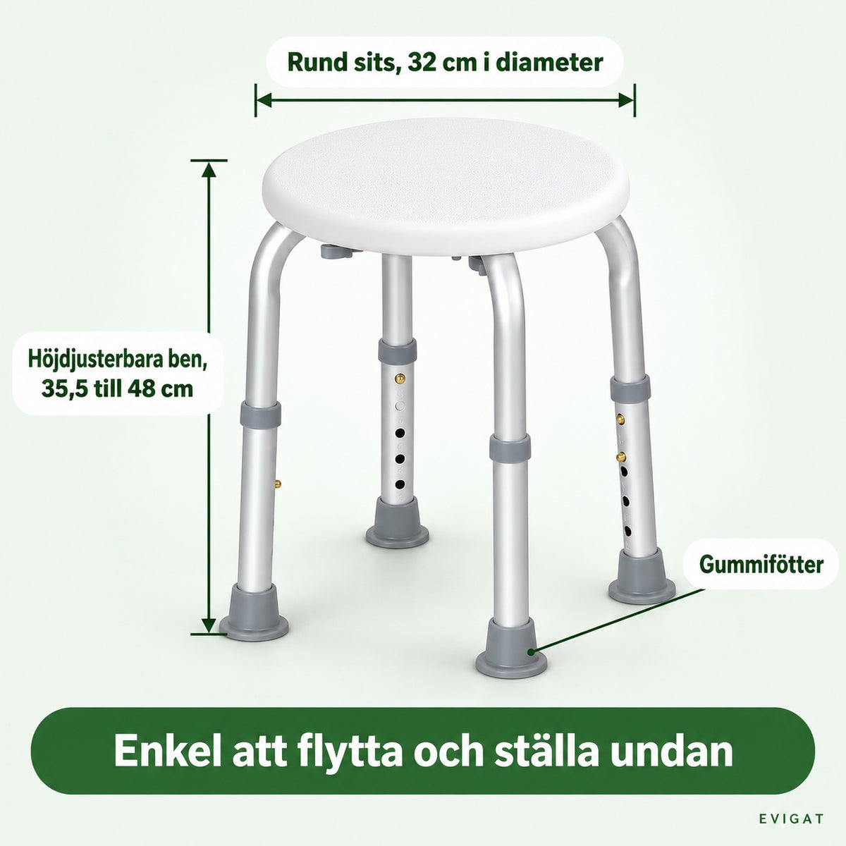 Duschpallens mått: rund sits 32 cm i diameter och höjdjusterbara ben 35,5 till 48 cm