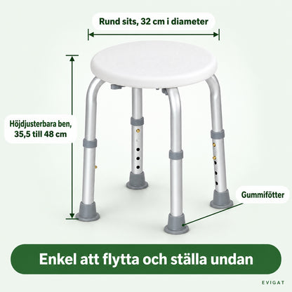 Duschpallens mått: rund sits 32 cm i diameter och höjdjusterbara ben 35,5 till 48 cm