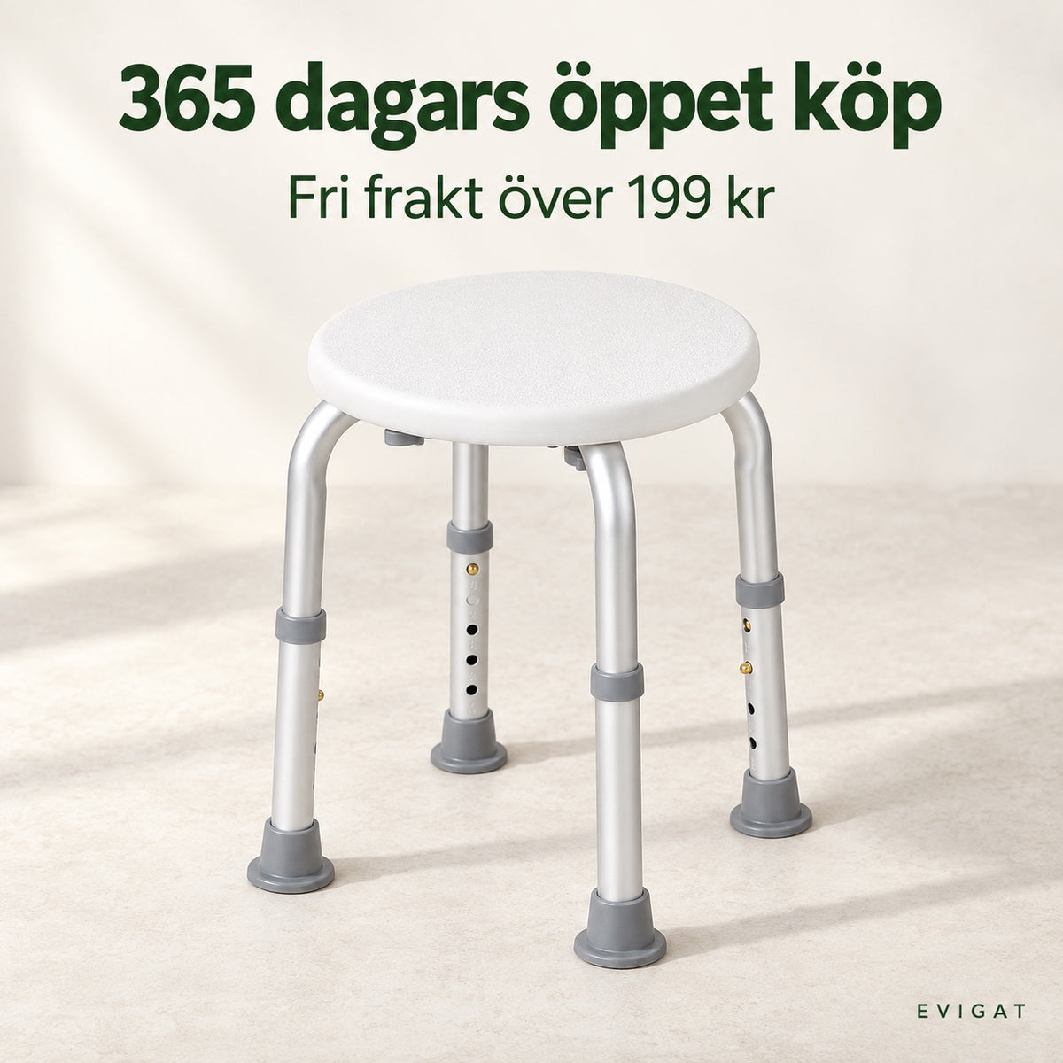 Duschpall med text om 365 dagars öppet köp och fri frakt över 199 kr