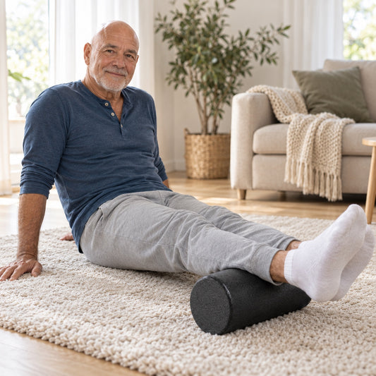 Man sitter på en matta i vardagsrummet med vaderna på en svart foamroller