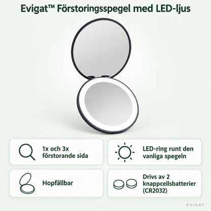 Hopfällbar förstoringsspegel med LED-ring runt den vanliga spegeln, 1x och 3x förstorande sida