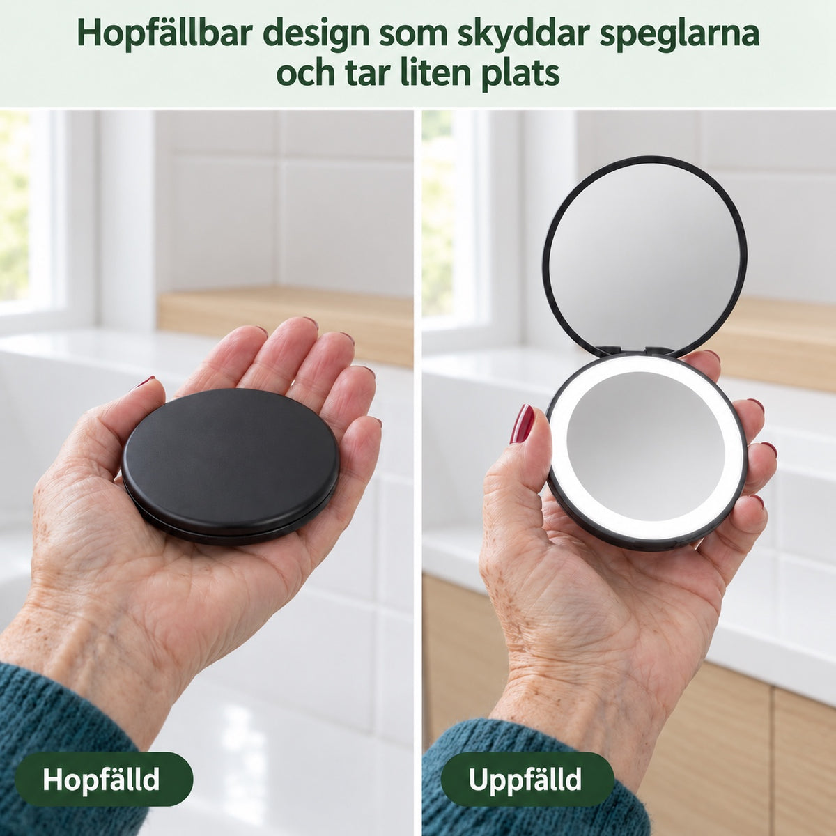 Hopfälld och uppfälld förstoringsspegel i en hand