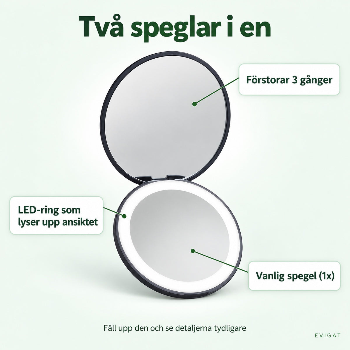 Förstoringsspegel med en sida som förstorar 3 gånger och en vanlig spegel med LED-ring
