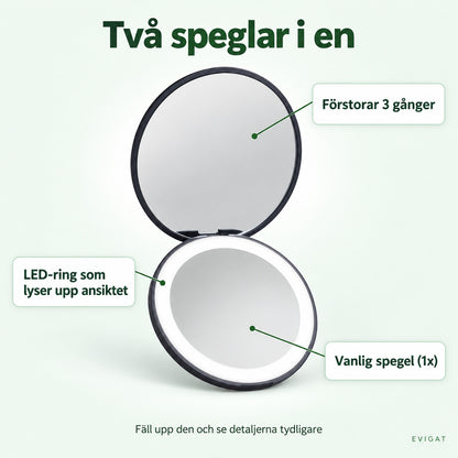 Förstoringsspegel med en sida som förstorar 3 gånger och en vanlig spegel med LED-ring