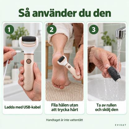 Så använder du fotfilen: ladda med USB-kabel, fila hälen utan att trycka hårt, ta av rullen och skölj den