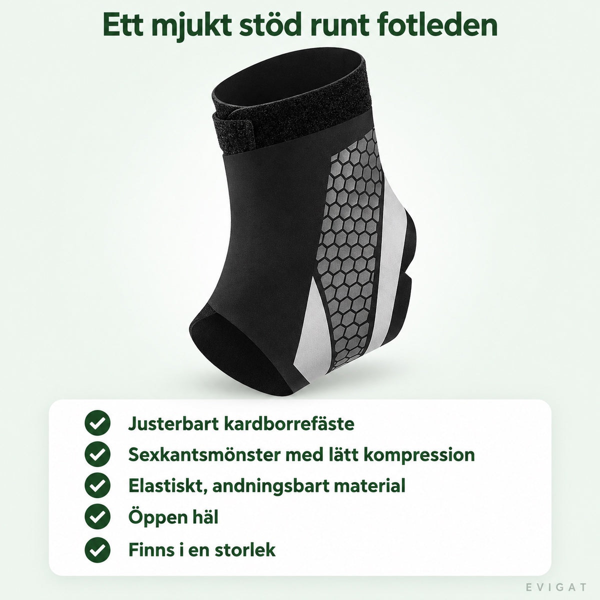 Fotledsstöd i svart elastiskt material med grå sexkantspanel och öppen häl