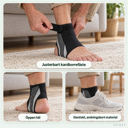 Fotledsstödet tas på med kardborrefäste, hälen är öppen och stödet syns i en sneaker