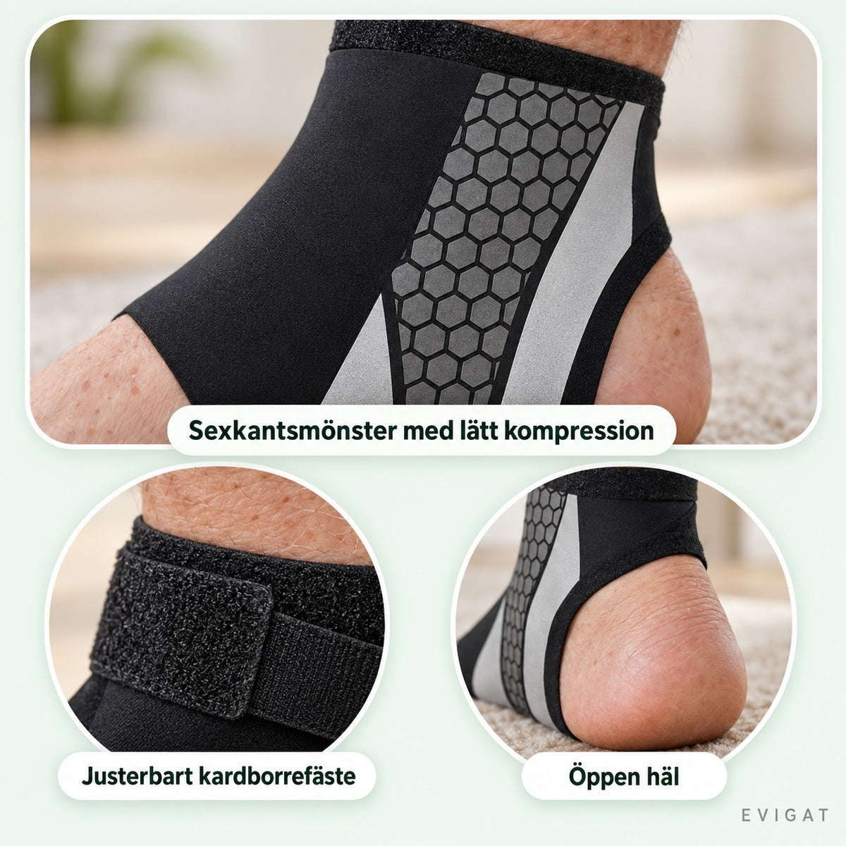 Närbild på fotledsstödets sexkantsmönster, kardborrefäste och öppna häl