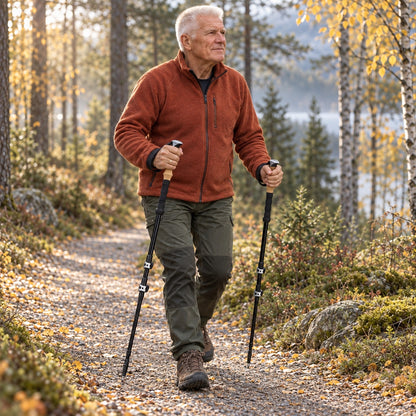 Äldre man med kortklippt vitt hår går med ett par gångstavar på en grusstig i höstskog