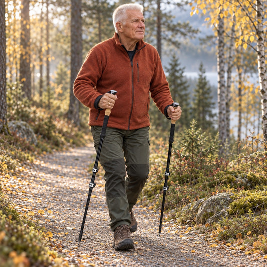 Äldre man med kortklippt vitt hår går med ett par gångstavar på en grusstig i höstskog