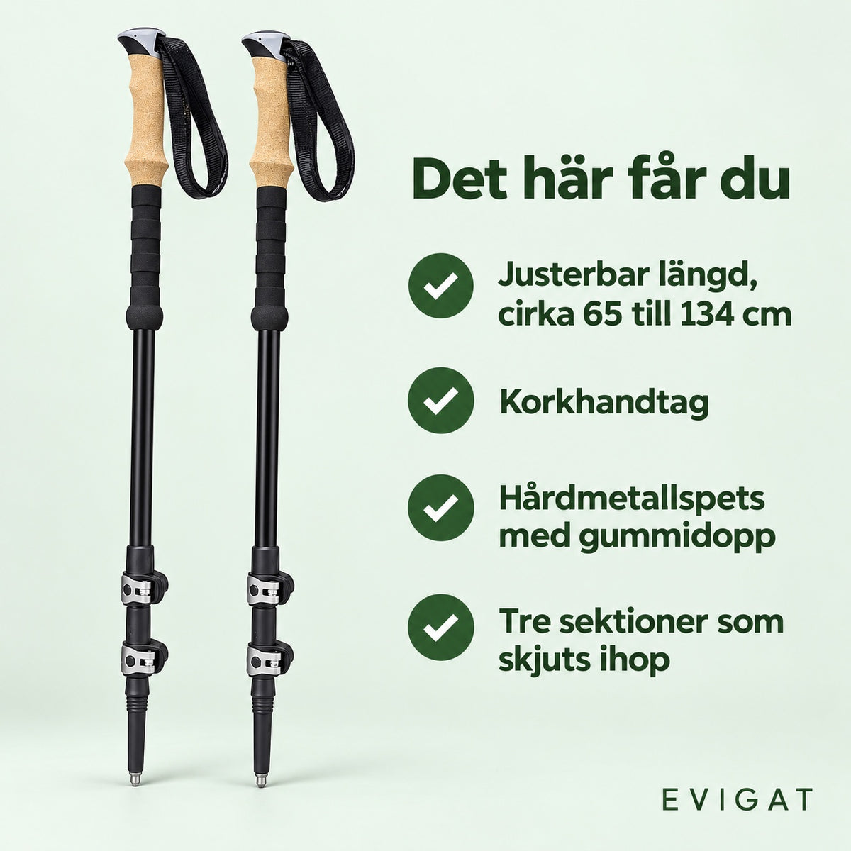 Par gångstavar i svart aluminium med korkhandtag och handledsrem, med texten det här får du: justerbar längd cirka 65 till 134 cm, korkhandtag, hårdmetallspets med gummidopp och tre sektioner som skjuts ihop