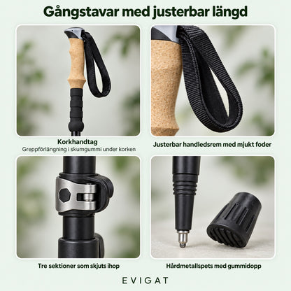 Detaljer på gångstavarna: korkhandtag med skumgummigrepp, justerbar handledsrem med mjukt foder, snäpplås mellan sektionerna och hårdmetallspets med gummidopp