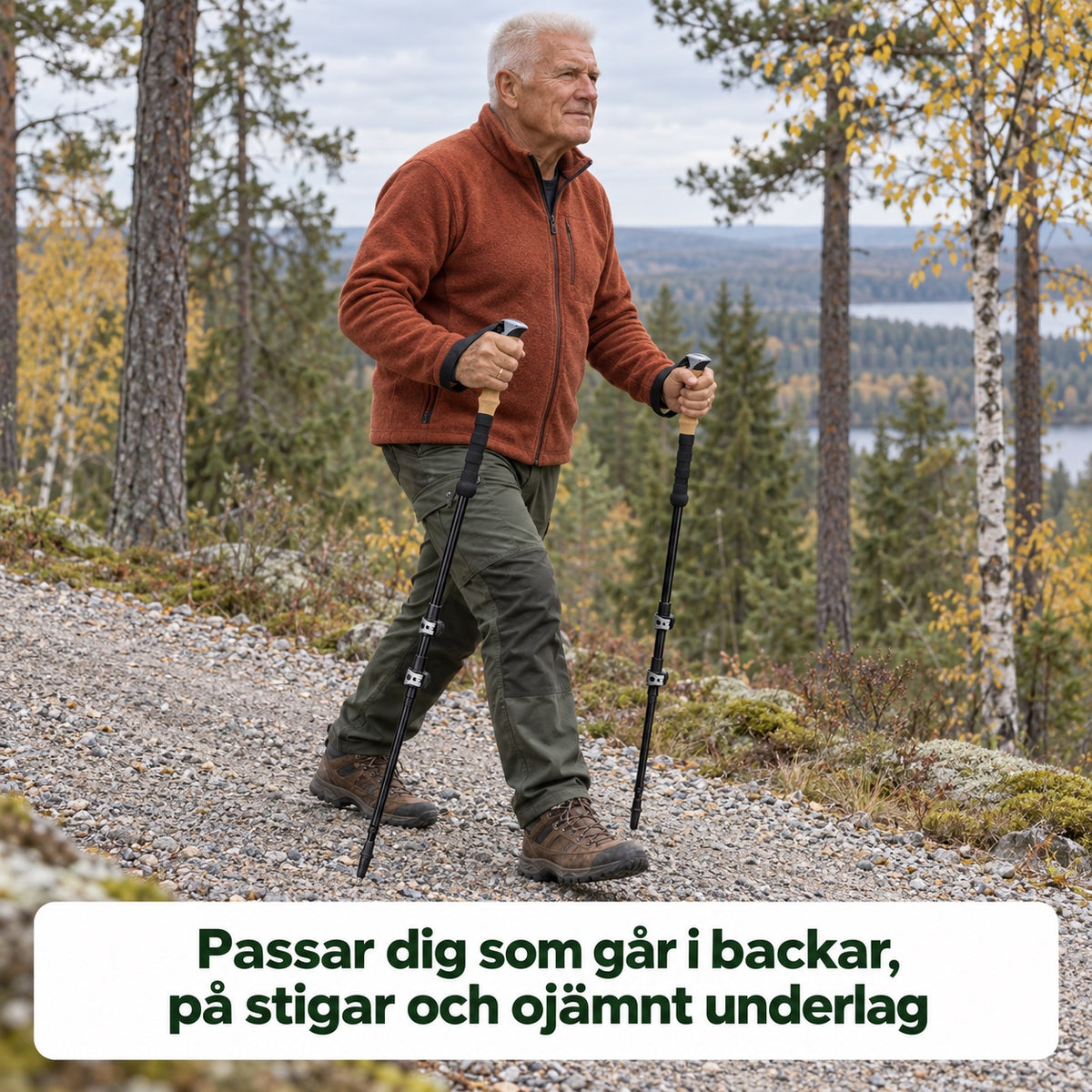 Äldre man går i en skogsbacke med gångstavar, med texten passar dig som går i backar, på stigar och ojämnt underlag