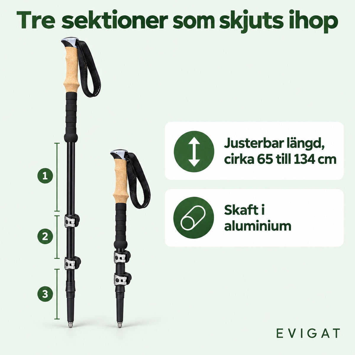 Gångstav i tre sektioner, en utdragen och en ihopskjuten, med texten justerbar längd cirka 65 till 134 cm och skaft i aluminium
