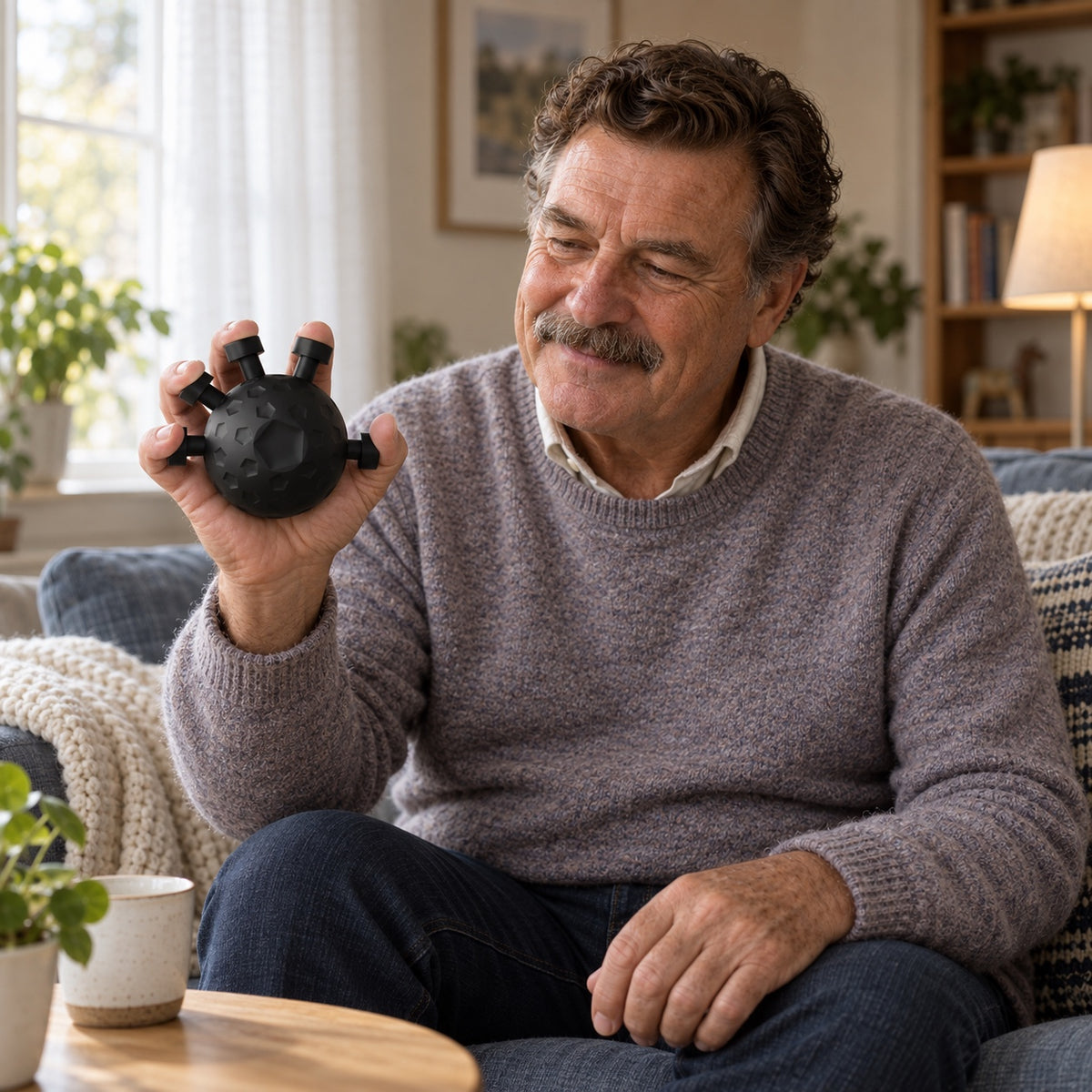 Äldre man sitter i en soffa och håller en svart silikonboll med fem knappar i handen