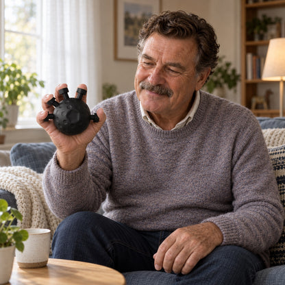 Äldre man sitter i en soffa och håller en svart silikonboll med fem knappar i handen