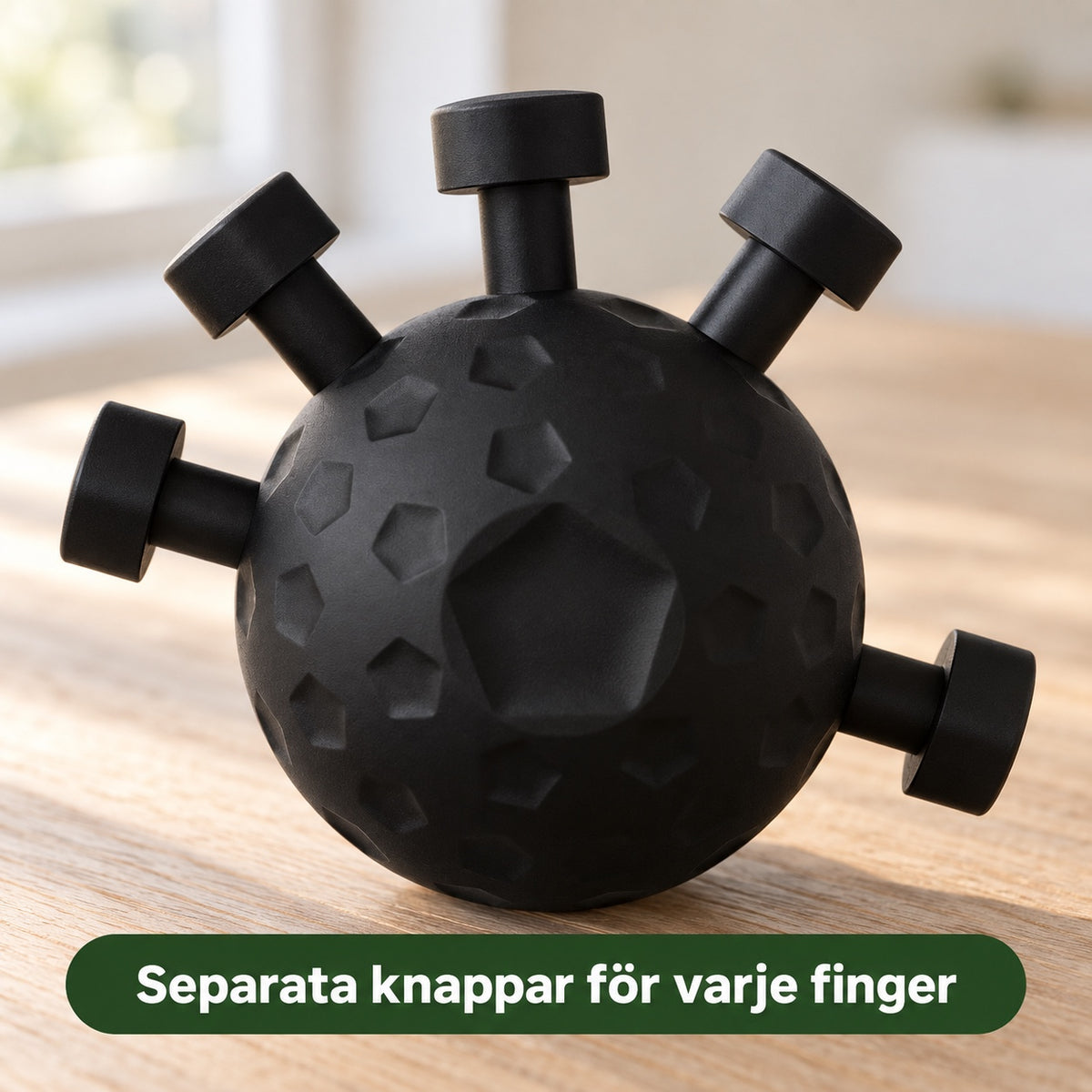 Närbild på en svart silikonboll med fem T-formade knappar och femkantiga fördjupningar, med texten separata knappar för varje finger