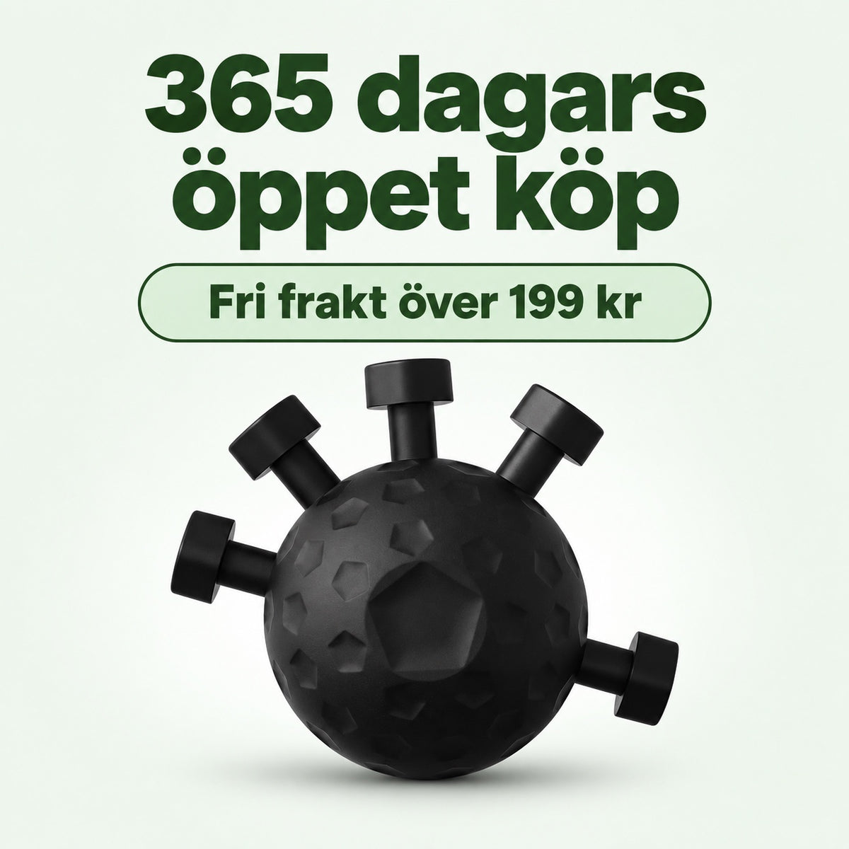 Svart silikonboll med fem knappar och texterna 365 dagars öppet köp och fri frakt över 199 kr