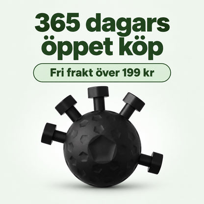 Svart silikonboll med fem knappar och texterna 365 dagars öppet köp och fri frakt över 199 kr