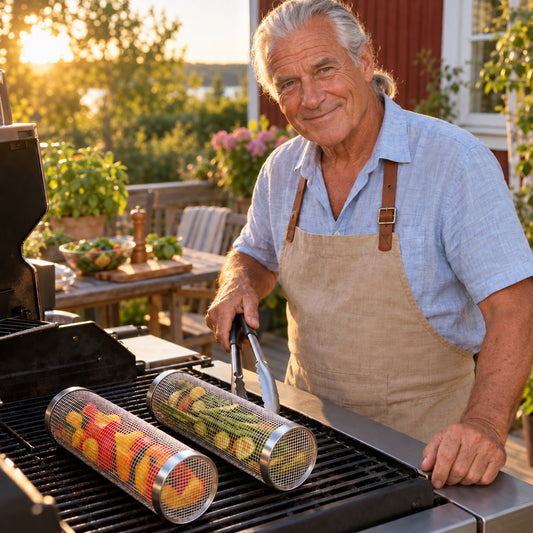 Man vid en gasgrill med två rullande grillkorgar fyllda med grönsaker