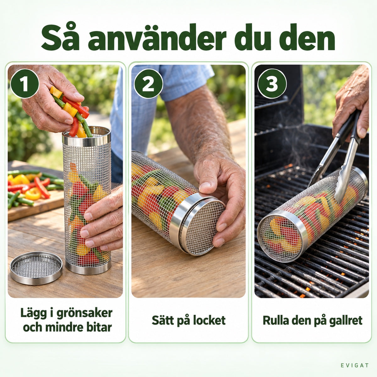 Så använder du den rullande grillkorgen: fyll den, sätt på locket och rulla den på gallret