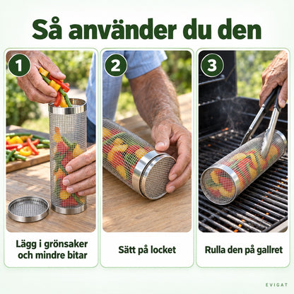Så använder du den rullande grillkorgen: fyll den, sätt på locket och rulla den på gallret